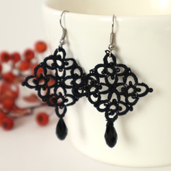 OYA Tatting lace earrings [RHOMBUS] Black 第1張的照片