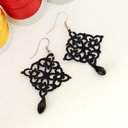 OYA Tatting lace earrings [RHOMBUS] Black 第2張的照片