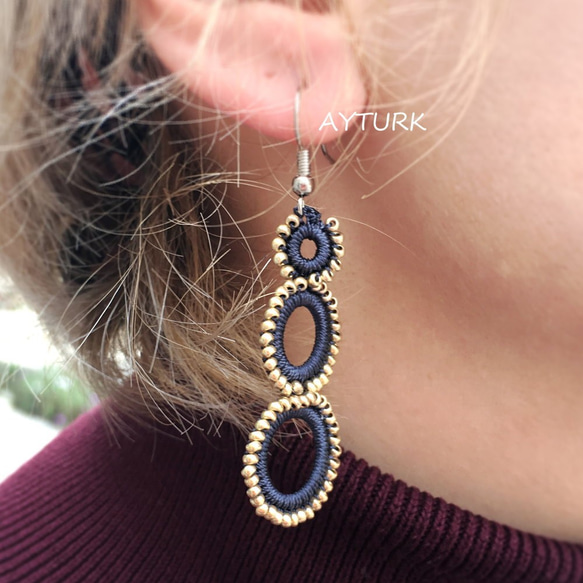 珠子和蕾絲耳環“戒指”黑色和金色 第3張的照片