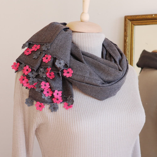 カシミールショール ピンク 花柄 ペイズリー ハンドメイド カシミールショール ストール ピンク 花柄 ペイズリー
