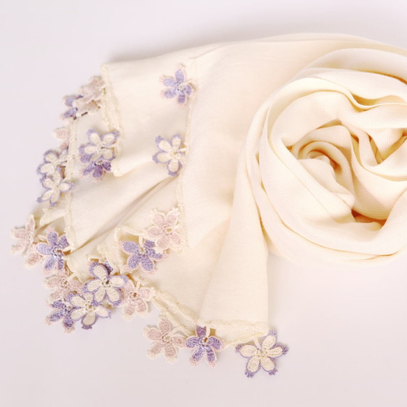 [Made to order] OYA Pashmina shawl [SAKURA] Milky White 第5張的照片