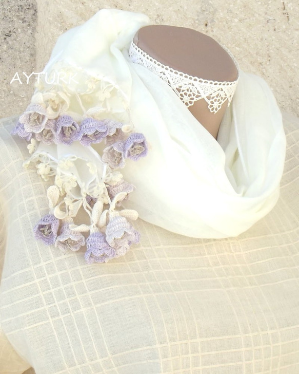 [再次上架]立體蕾絲花棉布檔“雙花/雙面”白色和薰衣草 第3張的照片