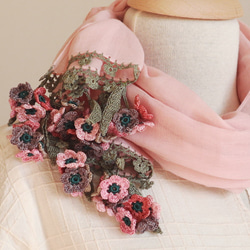 [再次上架] 3D蕾絲花朵棉質披肩“野花/ 2面”粉紅色 第2張的照片