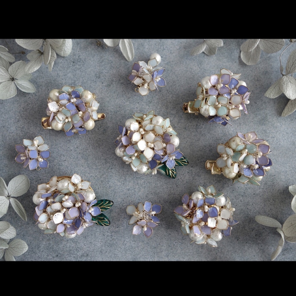 2way ブローチ&バックチャーム　紫陽花とコットンパール　梅雨の季節のギフト・プレゼントにも　あじさい　アジサイ 13枚目の画像