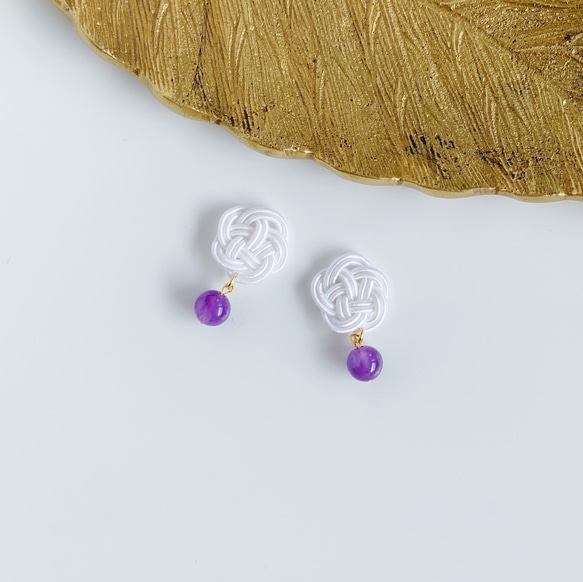 再次上架 ☆ 水引花和天然石耳環 petit [紫水晶] 愛的守護石 第1張的照片