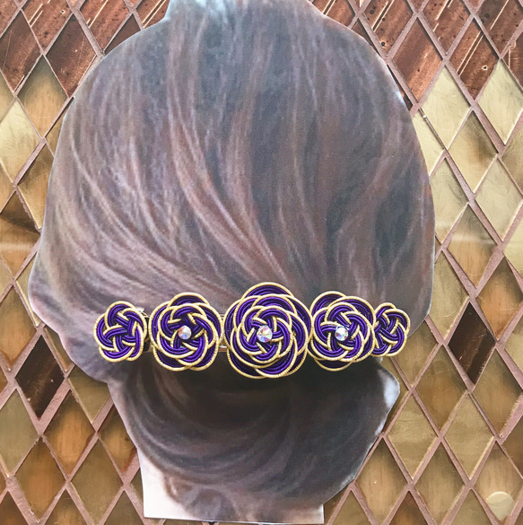 水引お花畑とスワロのバレッタ 紫 3枚目の画像