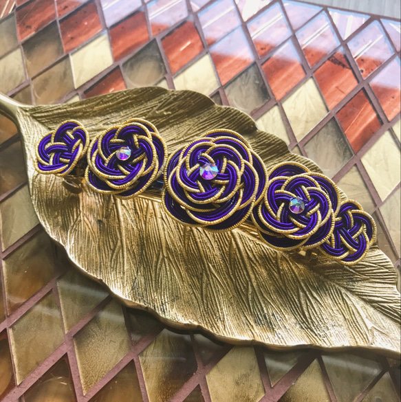 水引お花畑とスワロのバレッタ 紫 4枚目の画像