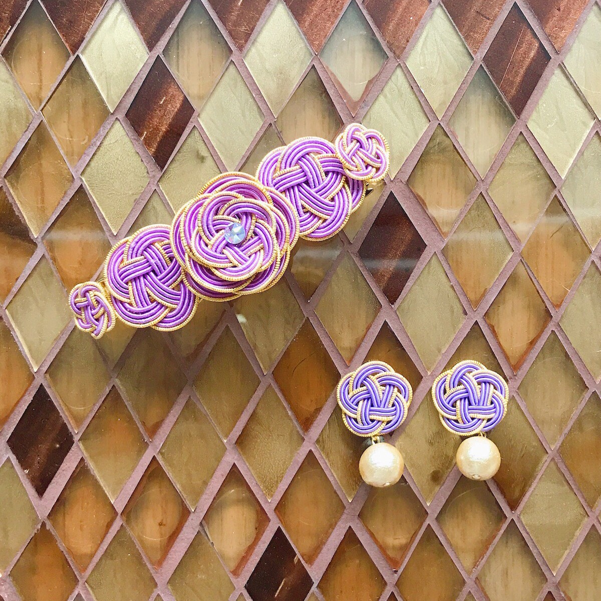 水引お花畑のバレッタとお花とコットンパールのピアス【ラベンダー】