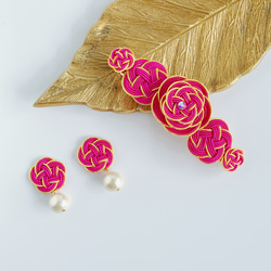 再次上架☆Mizuhiki 花園髮夾和花朵和棉質珍珠耳環套裝 [桃子] 第1張的照片