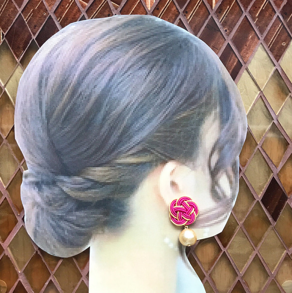 再次上架☆Mizuhiki 花園髮夾和花朵和棉質珍珠耳環套裝 [桃子] 第6張的照片