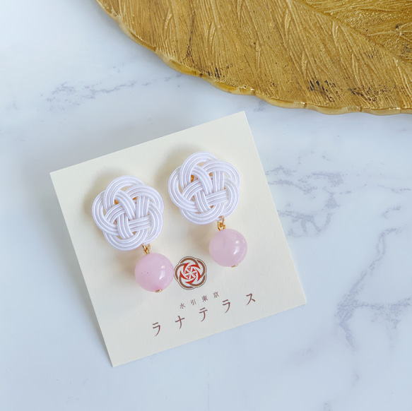 Mizuhiki 花朵和天然石耳環 [Rose Quartz] 愛情圓滿 第1張的照片