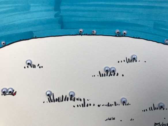 「眼睛山丘和草地螃蟹」作品 插畫 框 裝飾 光芒 閃爍 拼接 丘陵 動物 花 綠油油 手工 奇幻 獵奇 第4張的照片