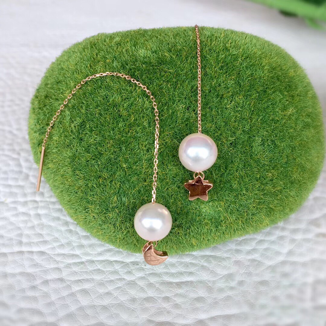 18Kゴールド、あこや真珠、パールのイヤリングと2、月や星を着て、