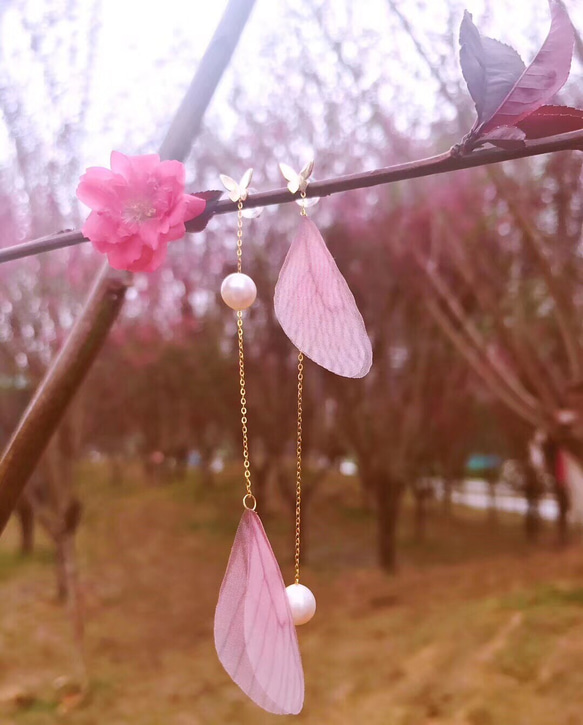 18k金櫻花粉蝴蝶珍珠耳環，2用式耳環 第1張的照片