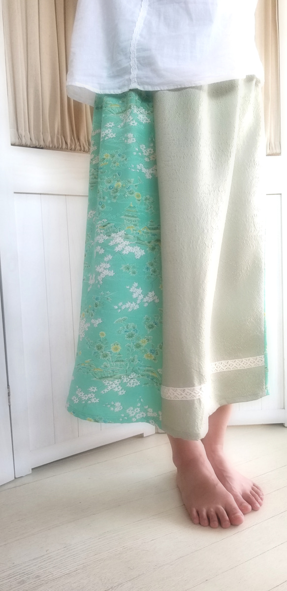 【送料無料】♡ミントグリーンのバイカラースカート♡着物リメイク♡ 2枚目の画像