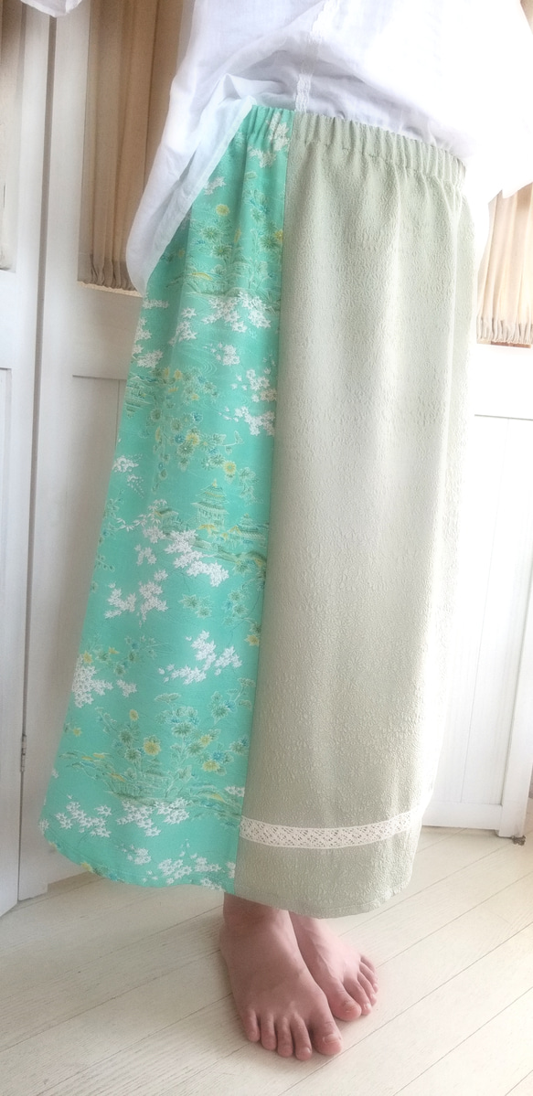 【送料無料】♡ミントグリーンのバイカラースカート♡着物リメイク♡ 4枚目の画像