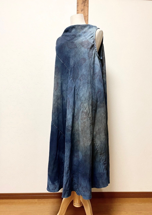 藍染×柿渋染　ヴィンテージ風　着物リメイクワンピース 4枚目の画像