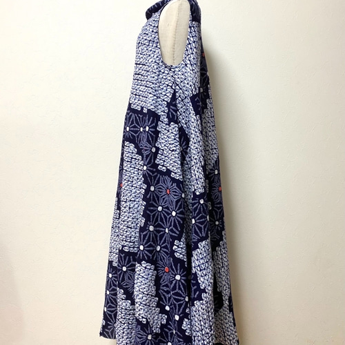 着物リメイクワンピース★有松鳴海絞り浴衣★ワンピース＆トートバッグ★М〜L 有松絞り ワンピース M～L パフスリーブ 綿 着物リメイク 浴衣