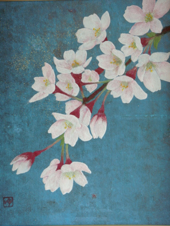 桜絵画　桜の花 日本画 楽天市場】絵画 鈴木香／筆 「さくら」 SM号 日本画 複製 額入り