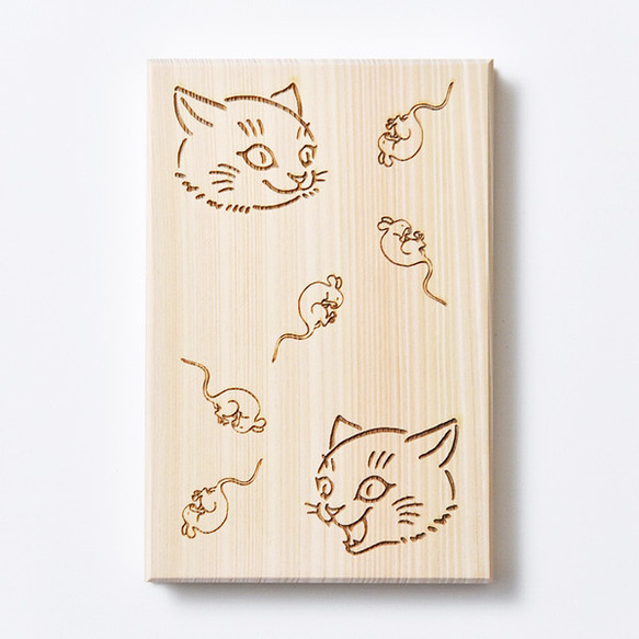 御朱印帳 阿吽 桧 木製 大判 猫 鼠 鳥の子紙 1枚目の画像