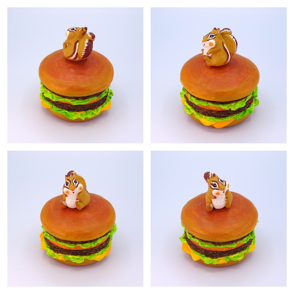 粘土人形の食いしん坊リスが乗ったハンバーガー型小物入れ3 3枚目の画像