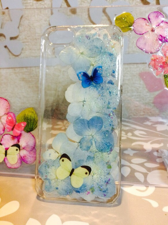 ☆SALE☆iPhone5.5s 携帯クリアカバー 押し花ブルーグラデーション 2枚目の画像