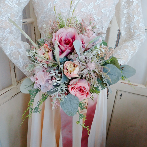 造花ブーケ/ウエディングブーケ(ブートニア付) ウェディングブーケ（ブートニア付き）B-37 ブーケ himejyon 通販