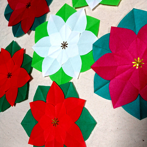 クリスマス・ポインセチア・三色・折り紙 ・壁面飾り【☆送料無料
