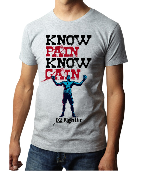 02☆FIGHETER （オツ☆ファイター）KNOW PAIN KNOW GAIN半袖Tシャツ 1枚目の画像