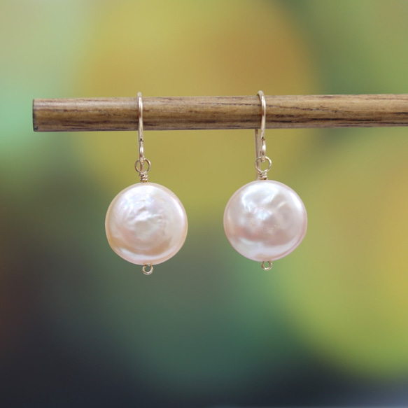 [稀有]櫻花色淡水珍珠硬幣切割耳環*14KGF* 第2張的照片