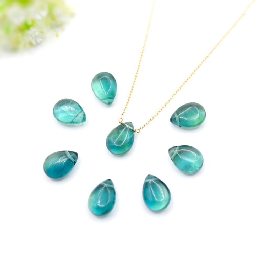 【14KGF】風にとける蒼と緑の雫＊ブルーグリーンフローライトペアシェイプカットネックレス