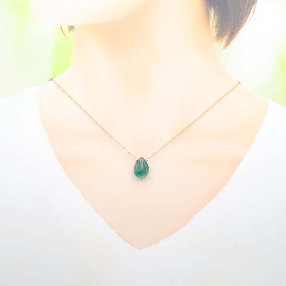 【14KGF】風にとける蒼と緑の雫＊ブルーグリーンフローライトペアシェイプカットネックレス
