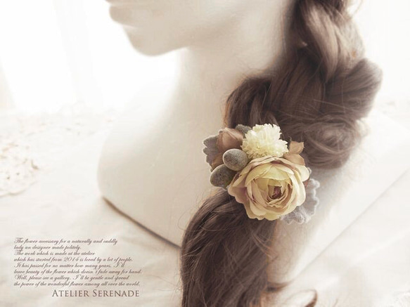 Floral hairtie ダスティ・ミラーの花飾り-Shabby lime rose 1枚目の画像