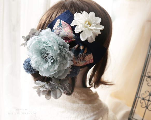 はいからリボン＆アンティークフラワーのヘッドドレス -Sweet Peony & White Dahlia 4枚目の画像