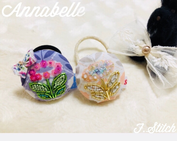 再販✿お買い得ꕤ2個セット✿ヘアゴム「アールデコ フラワー re&pi①」ビーズ刺繍✿ハンドメイド❁⃘送料無料 1枚目の画像