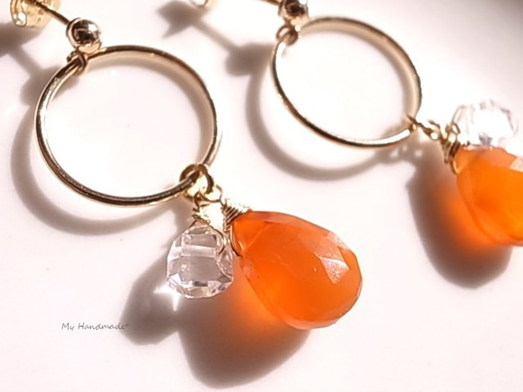 Carnelian &amp; Herkimer 石英耳環 14kgf 第3張的照片