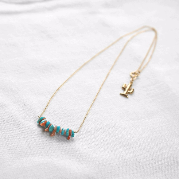 "Turquoise & Coral Necklace”　14KGF 2枚目の画像