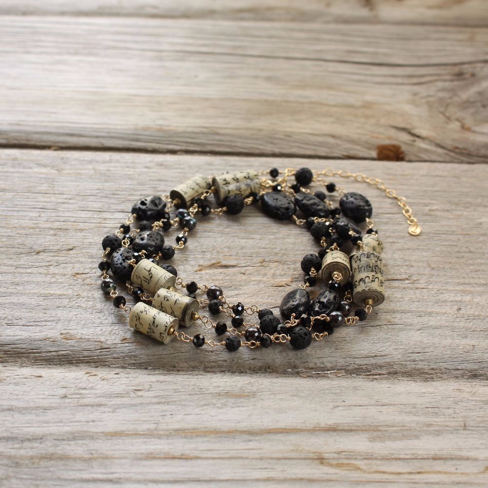 Black Gems & Paper beads Long Necklace