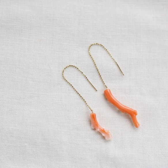 Hawaiian deep sea Coral long chain earrings ハワイ産深海サンゴのピアス 2枚目の画像