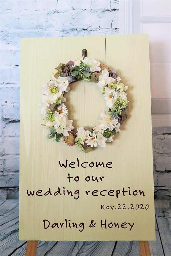 ウェルカムボード～ホワイト×グリーンフラワーリース＆ボードset