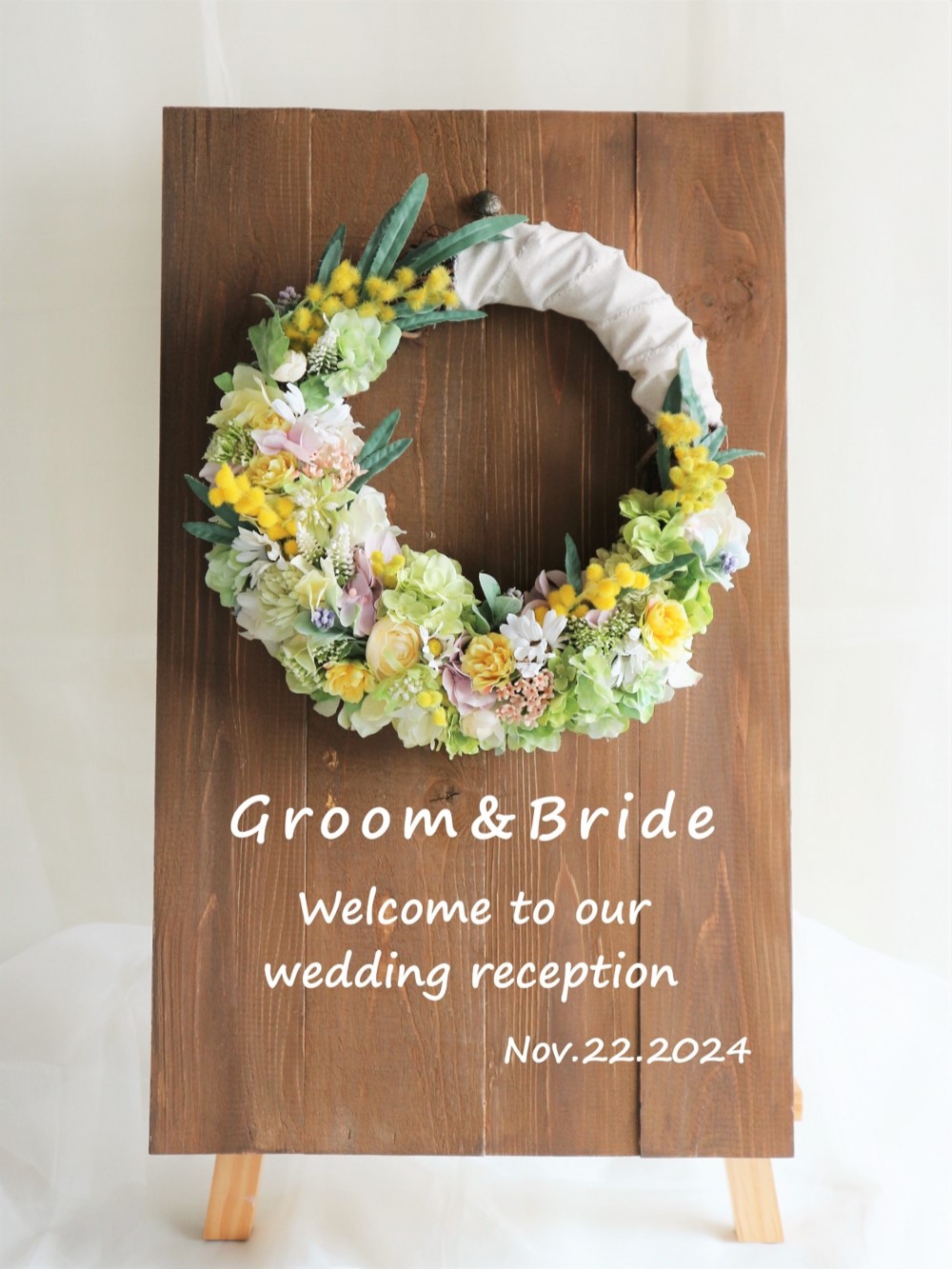 フラワーリースのウェルカムボード 【ミモザ】〜ブラウン〜