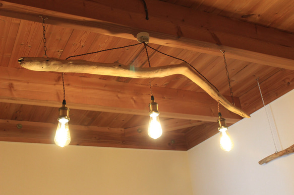 流木の照明　３灯　LEDエジソンランプ付き　④ 2枚目の画像