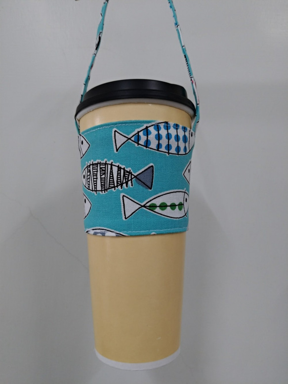 飲料杯套 環保杯套 手搖飲料袋 咖啡袋 手提袋-魚兒魚兒(藍 ) 第1張的照片