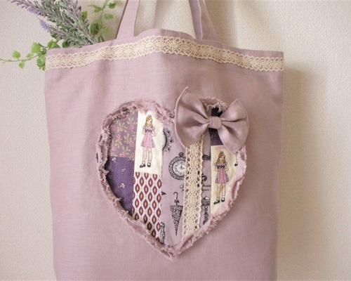 ハートのパッチワークトートバッグ くすみピンク トートバッグ