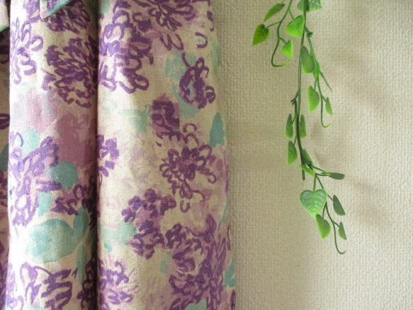コットンリネン　水彩花柄ギャザースカート　パープル 5枚目の画像