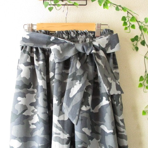 リネン100％☆迷彩柄ふんわりギャザースカート ロングスカート（マキシ