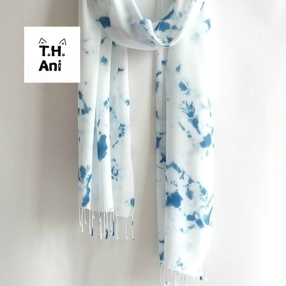 THani 手染め オリジナル ユニーク パターン シルク スカーフ 青染め 草木染め スカーフ ショール ソフト 文化的で創造 1枚目の画像