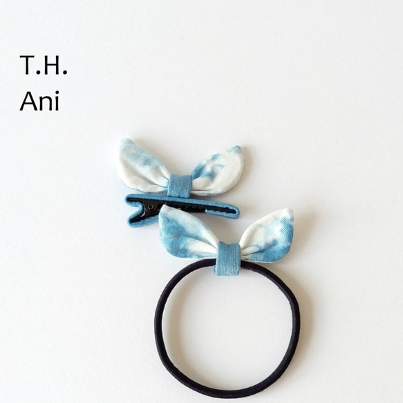 T.H.Ani「兔耳髮飾組B3」蝴蝶結髮飾組 髮圈 髮夾 法束 髮飾 特價 手工藍染 特價 藍染 植物染 蝴蝶結 兔耳 第3張的照片
