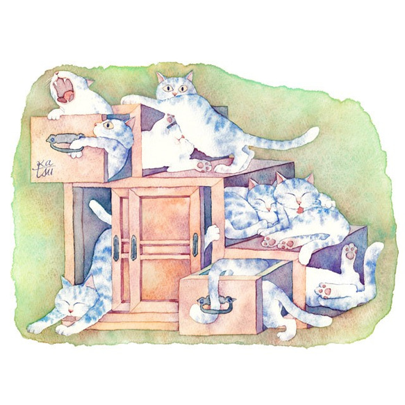 ねこの引き出し」 ねこ 階段ダンス 引き出し 錯視 水彩画
