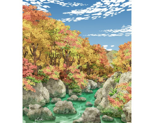 秋の渓谷」紅葉 渓流 うろこ雲 水彩 切り絵 イラスト kura-katsu 通販